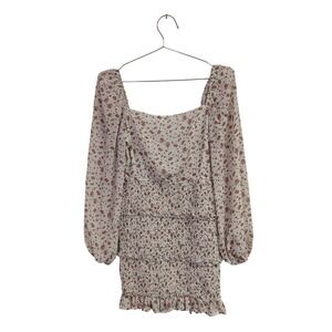 Mable Smocked Mini Dress Cottage Date Night Romantic Ditsy Floral Cream Pink M‎